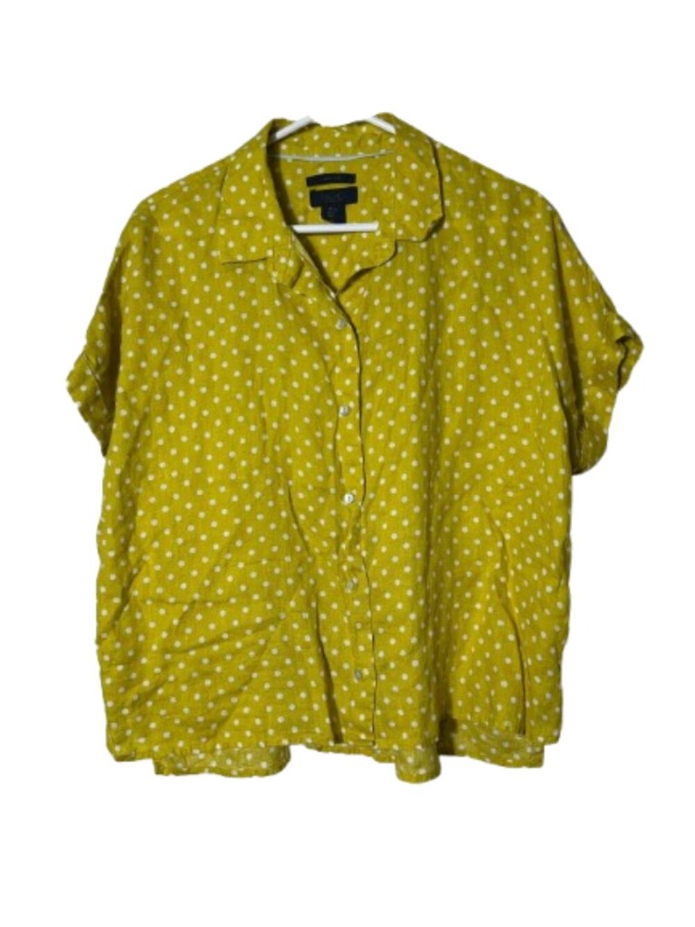 Rachel Roy yellow polka dot 100% linen short sleeve tee womens L shell button